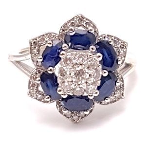Unique 14K Solid White Gold Designer Flower Sapphire & Diamond Ring